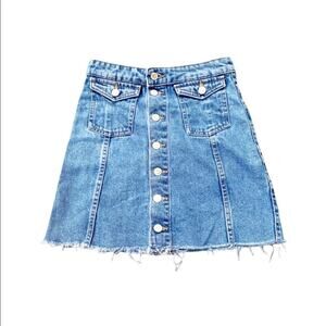 Zara Exposed Front Button Denim Jean Mini Skirt Raw Hem Frayed Festival Size XS